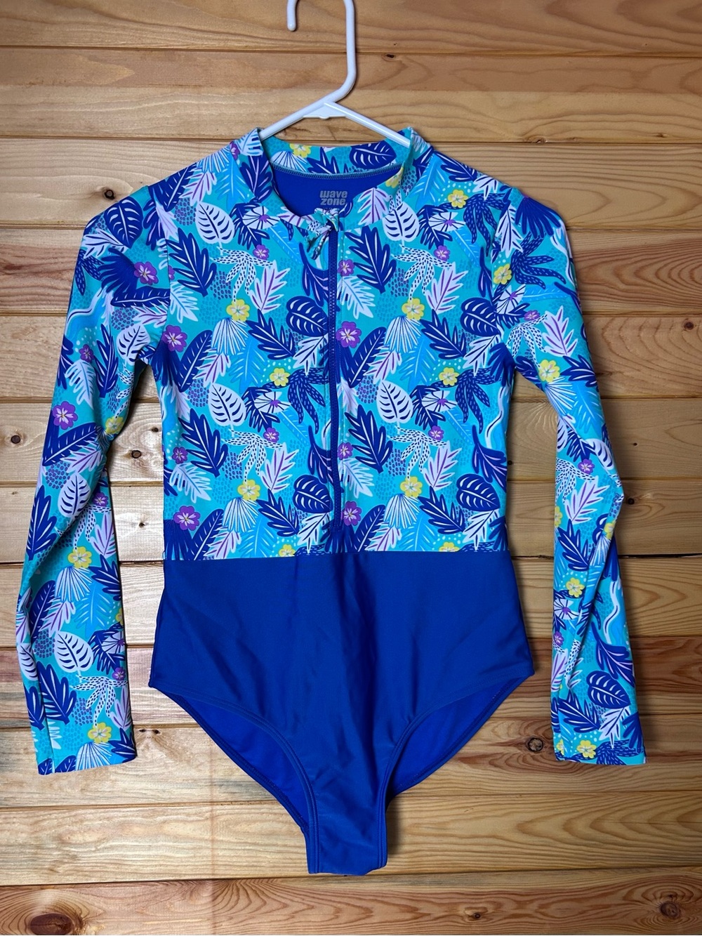 Girls' Tropical Blue Floral Long-Sleeve Rashguard Swimsuit - Front Zip